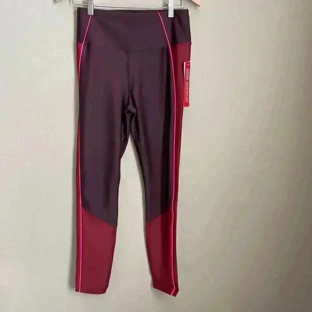 Good American Electric Feel Leggings Burgundy Colorblock High‎ Rise Shiny L NWT